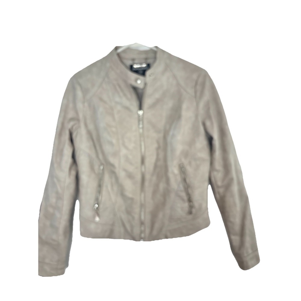 Jou Jou Women's Small Faux-Leather Moto Jacket Color Stone Biker Gorpcore